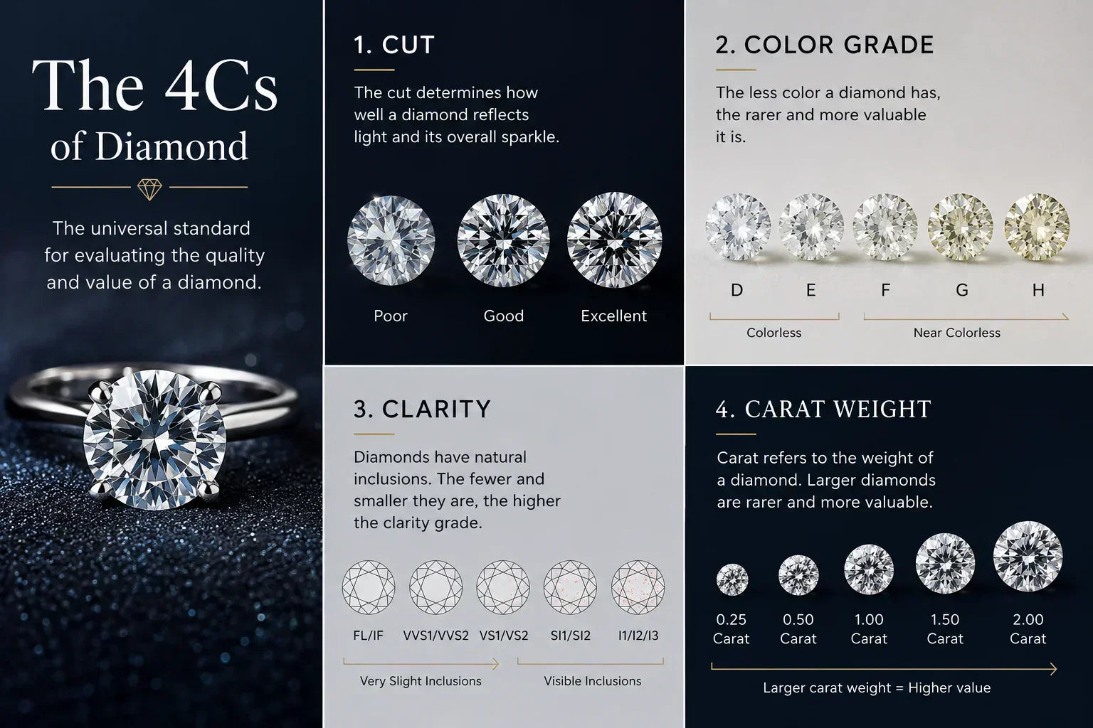 4Cs of diamond explaining cut, color grade, clarity and carat weight.