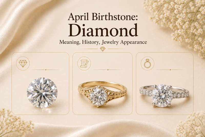 April birthstone diamond rings in yellow and white gold with meaning and history explained.