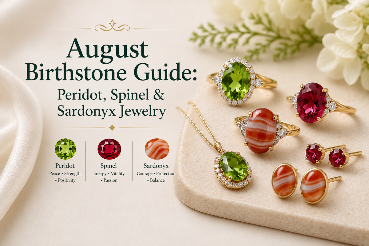 Peridot, spinel, and sardonyx, the three August birthstone jewelry, arranged together.