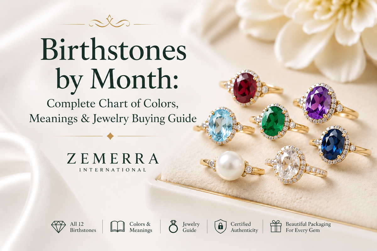 Birthstone by month with a chart of colors, meanings, and jewelry buying information.
