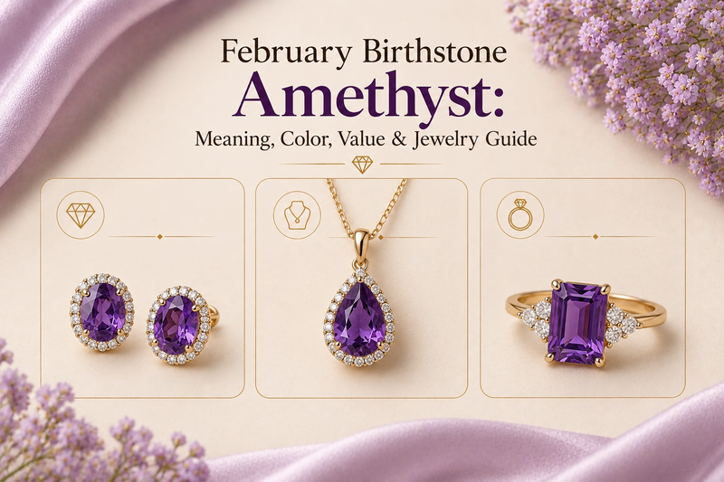 February birthstone amethyst meaning, color, value, and jewelry in earrings, pendant, and ring.