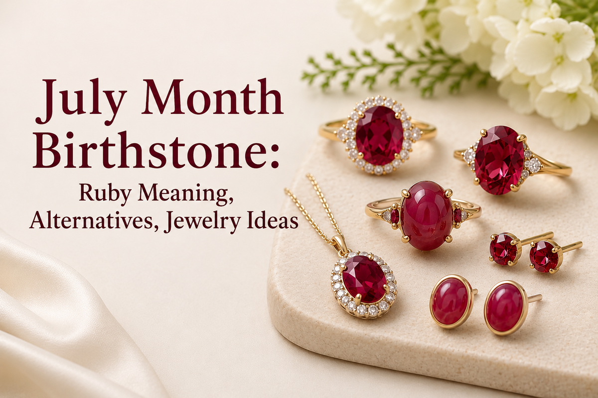 July birthstone ruby jewelry, including rings, pendants, and earrings.