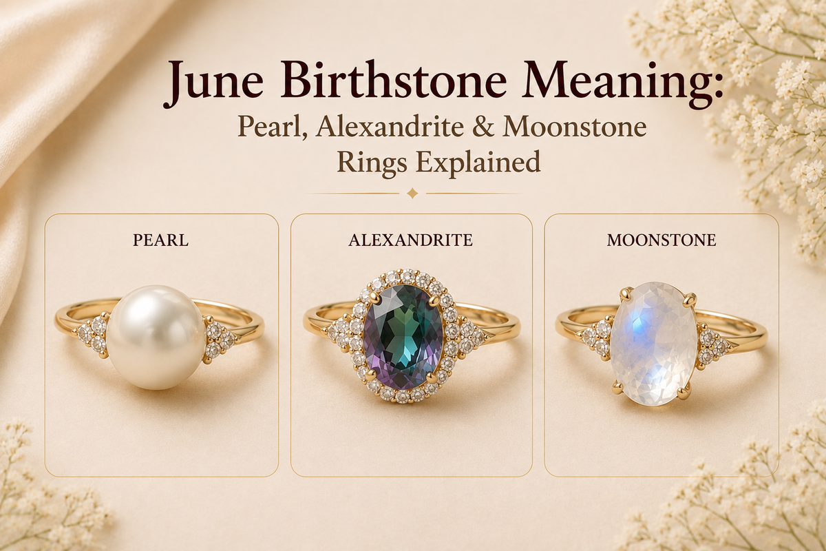 June birthstone rings for pearl, alexandrite, and moonstone.