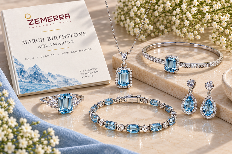 March birthstone aquamarine jewelry including ring, pendant, bracelet, earrings, and bangle.