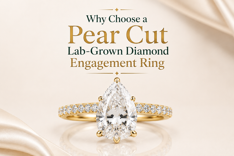 Hidden halo pear-cut lab-grown diamond engagement ring with six prong settings and accent stone on the shank.