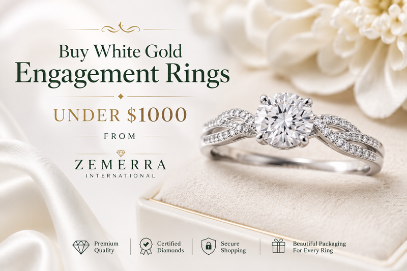 Buying a white gold engagement ring under $1000 from Zemerra International.