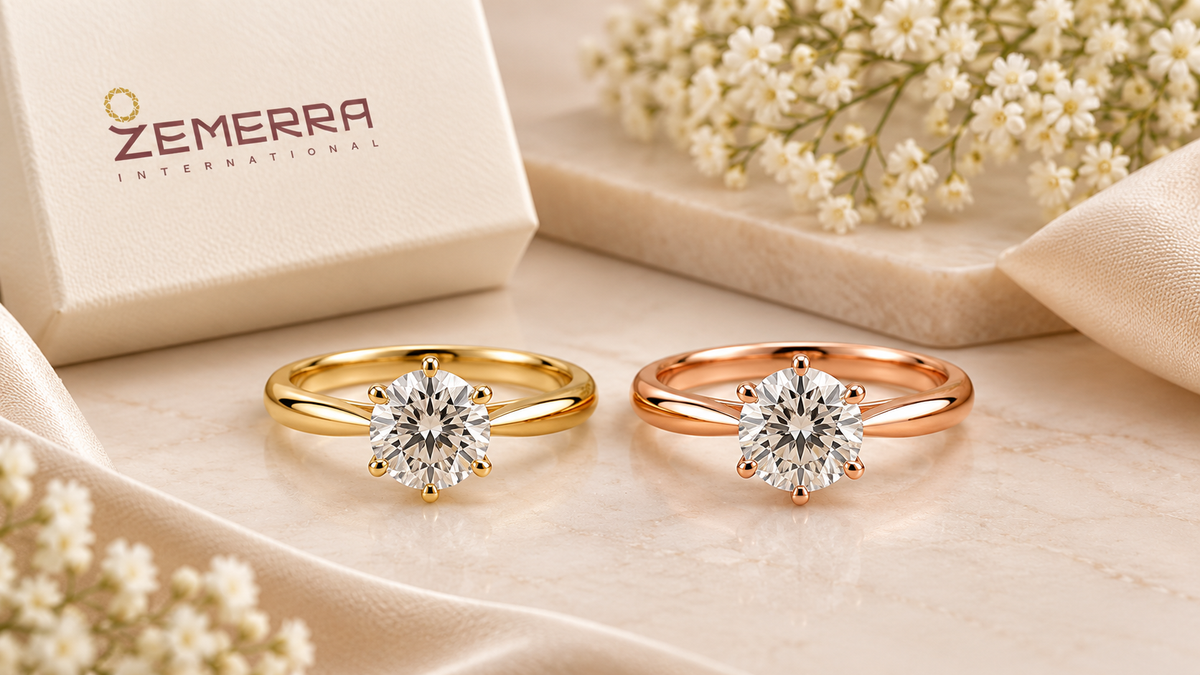 Yellow and rose gold six-prong round diamond solitaire engagement ring for a woman.