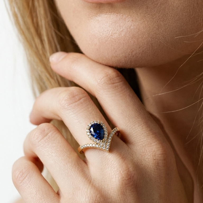 Pear Cut Halo Sapphire Chevron Gold Ring