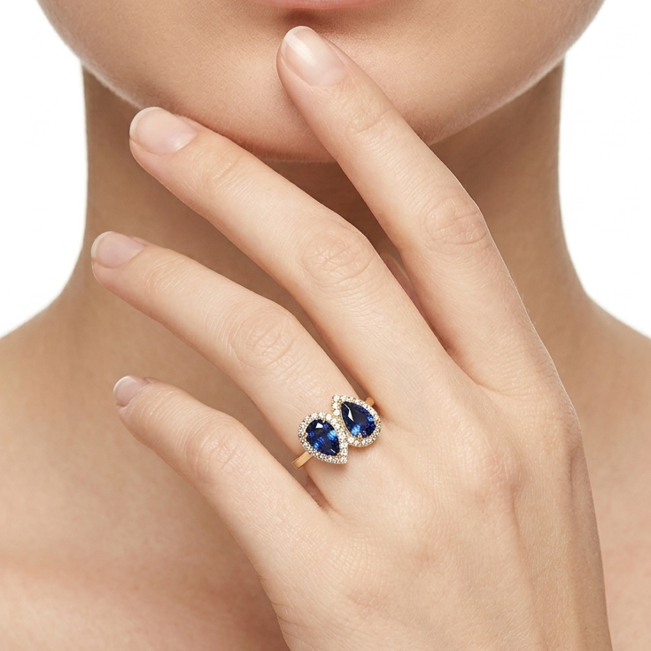 Pear Cut Blue Sapphire Halo Toi Et Moi Bypass Ring