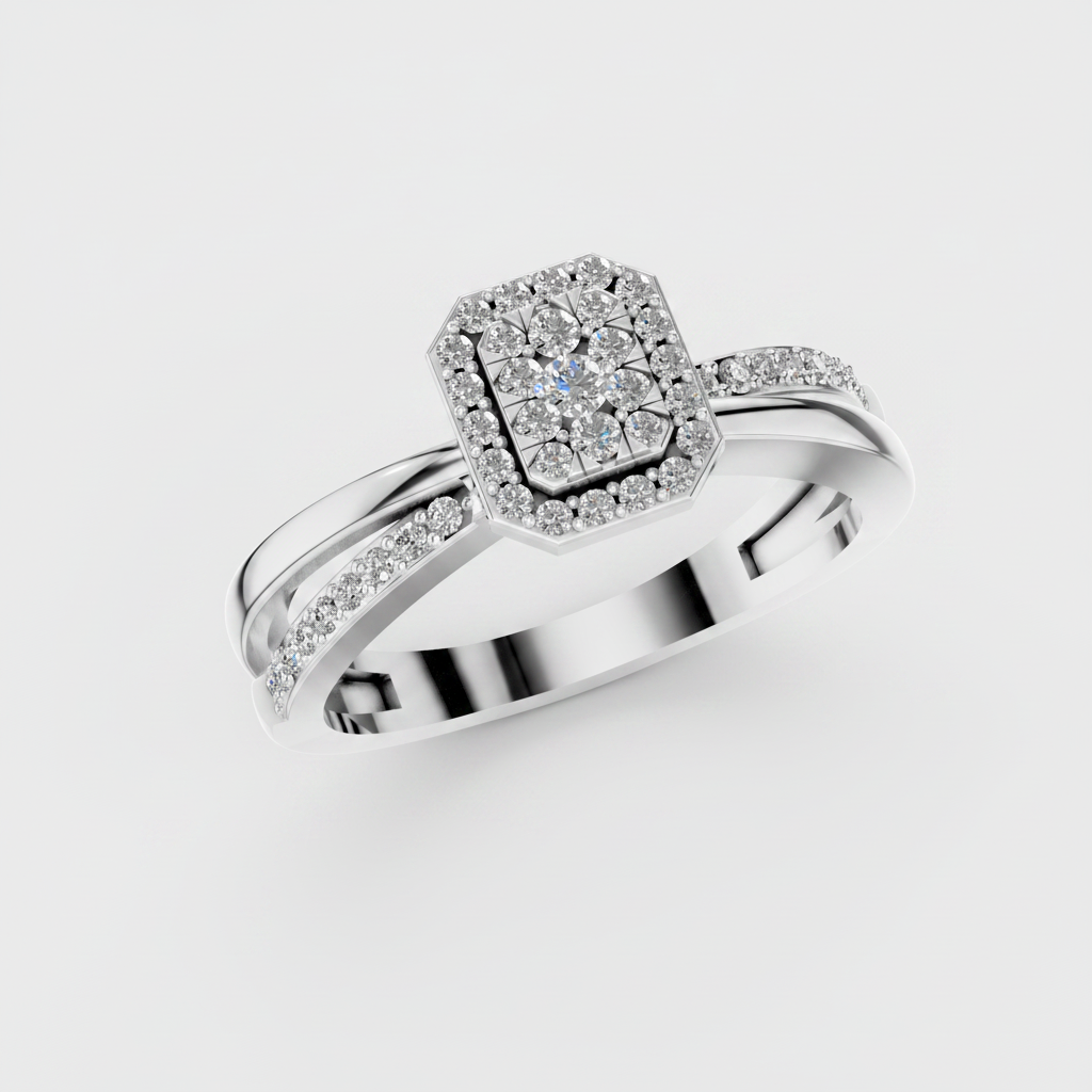 Round Lab Diamond Halo Cluster Split Shank Ring