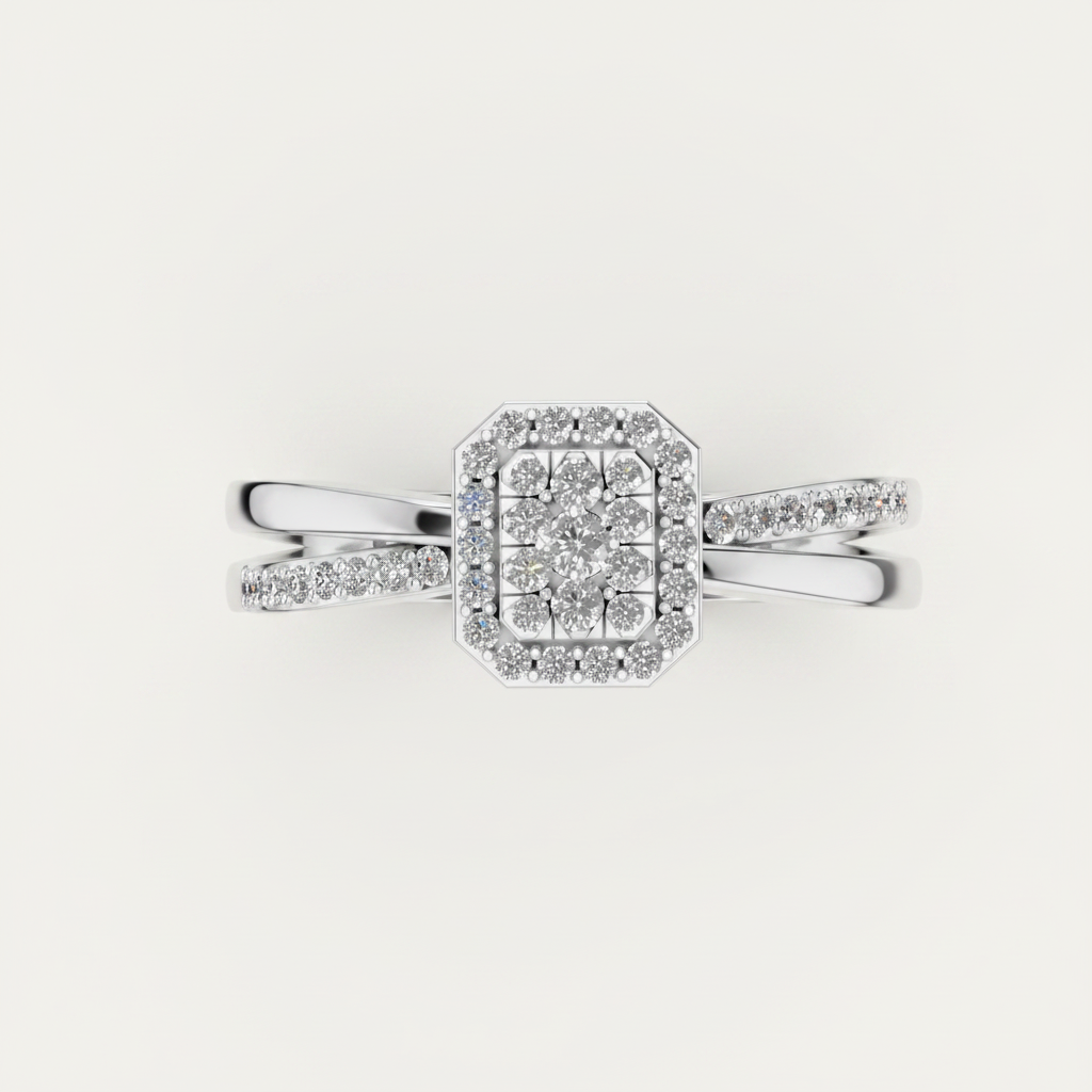 Round Lab Diamond Halo Cluster Split Shank Ring