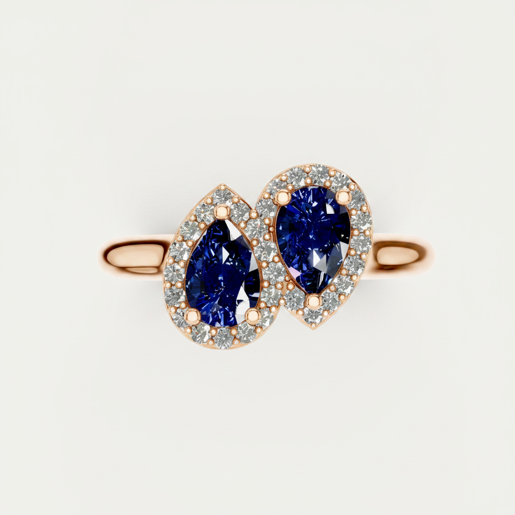 Pear Cut Blue Sapphire Halo Toi Et Moi Bypass Ring