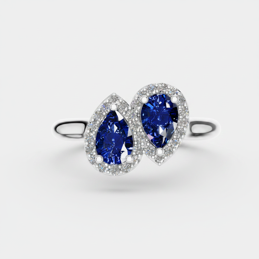 Pear Cut Blue Sapphire Halo Toi Et Moi Bypass Ring