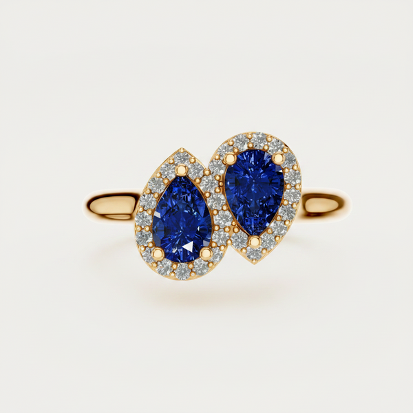 Pear Cut Blue Sapphire Halo Toi Et Moi Bypass Ring