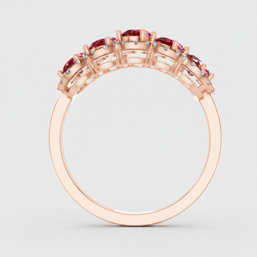 Five Stone Oval Cut Ruby Halo Fashion Ring