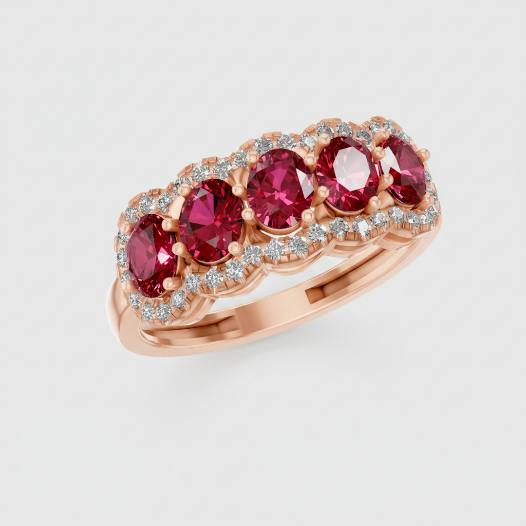 Five Stone Oval Cut Ruby Halo Fashion Ring