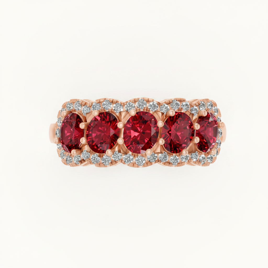 Five Stone Oval Cut Ruby Halo Fashion Ring