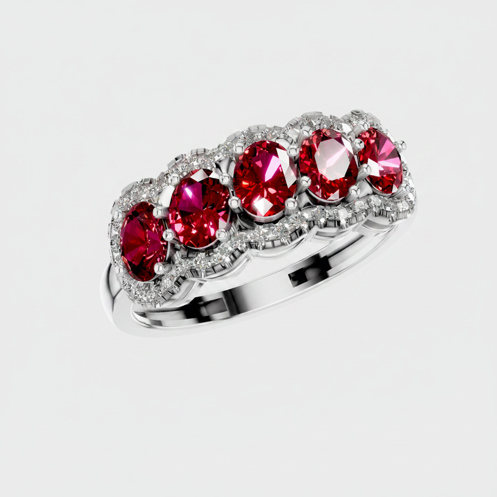 Five Stone Oval Cut Ruby Halo Fashion Ring