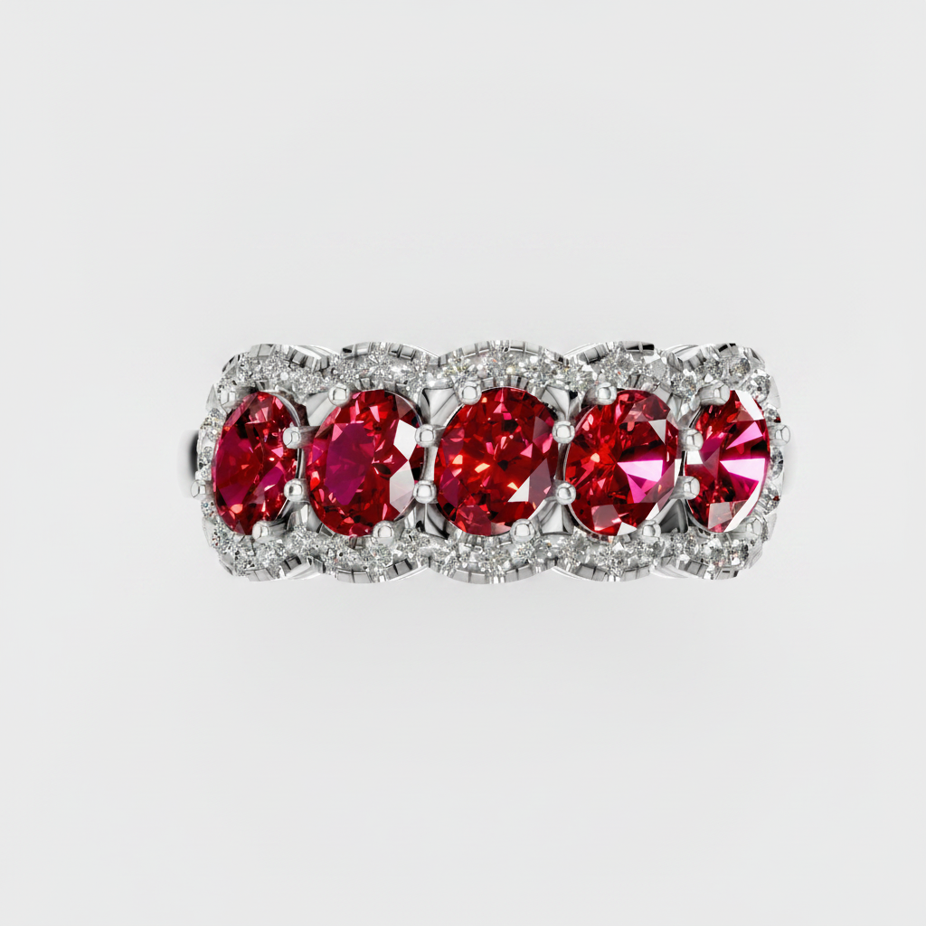 Five Stone Oval Cut Ruby Halo Fashion Ring
