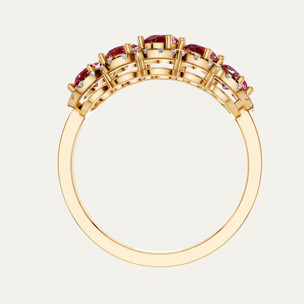 Five-stone oval-cut ruby halo ring for a woman made with a pure gold setting.