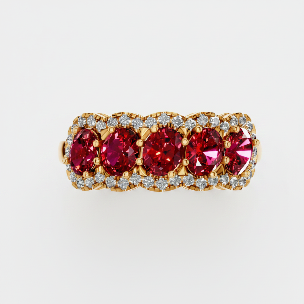Five Stone Oval Cut Ruby Halo Fashion Ring