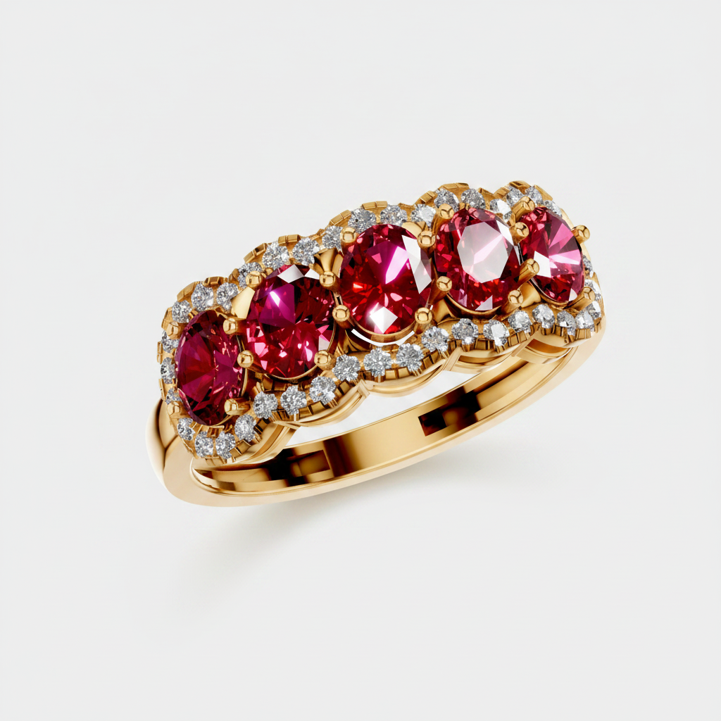 Oval cut ruby July birthstone five stone ring with lab-grown diamonds in a yellow gold band.