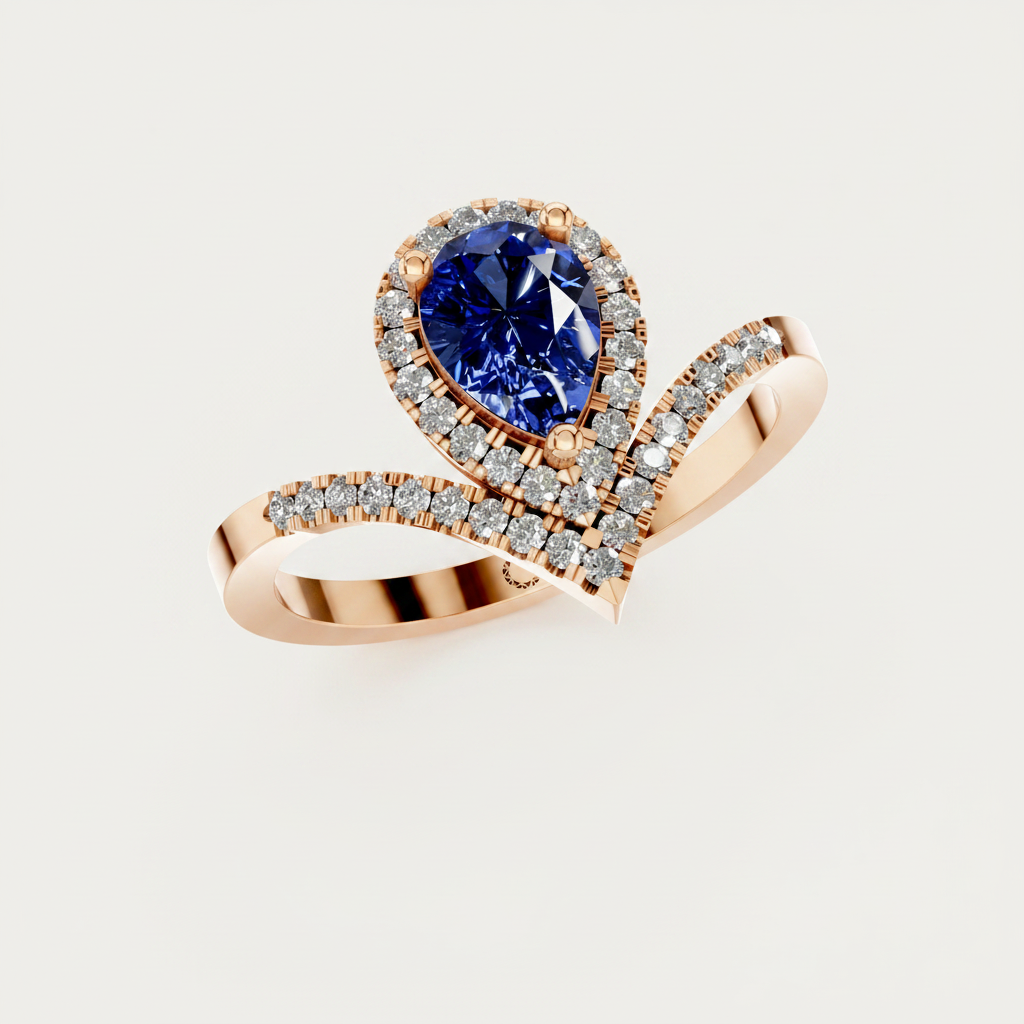 Pear Sapphire Halo Lab Diamond Chevron Gold Ring