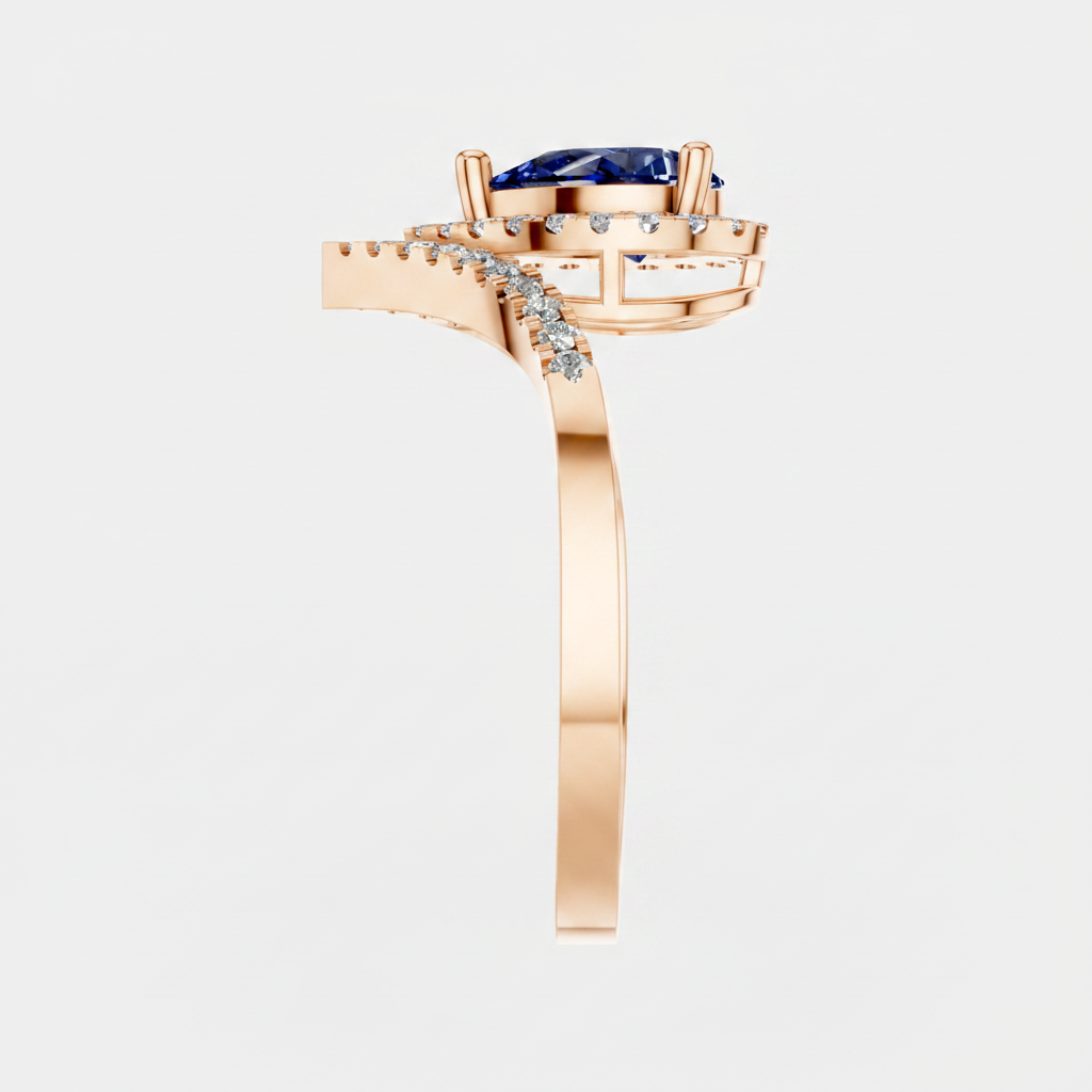 Pear Sapphire Halo Lab Diamond Chevron Gold Ring