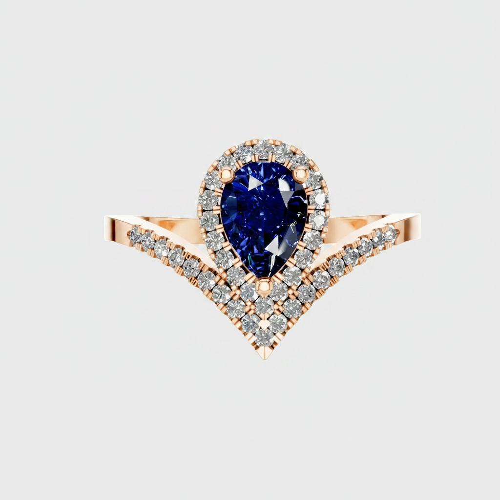 Pear Sapphire Halo Lab Diamond Chevron Gold Ring