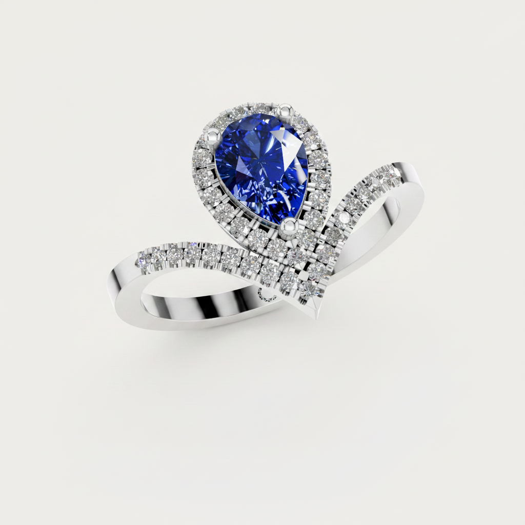 Pear Sapphire Halo Lab Diamond Chevron Gold Ring