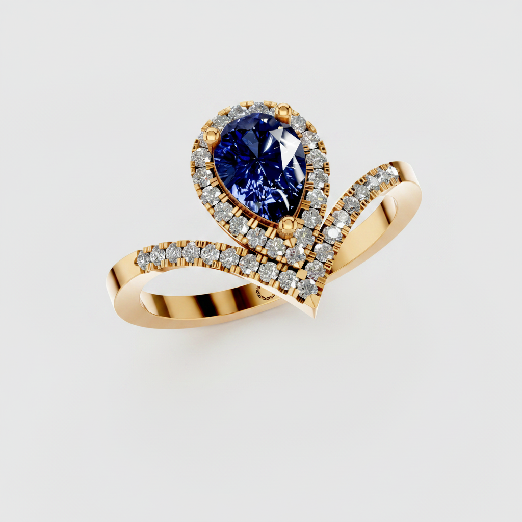Pear-cut sapphire gemstone ring with round-cut lab-grown accent stones in a curved shape.