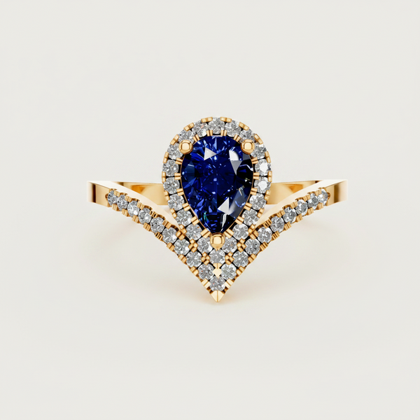 Pear Cut Halo Sapphire Chevron Gold Ring