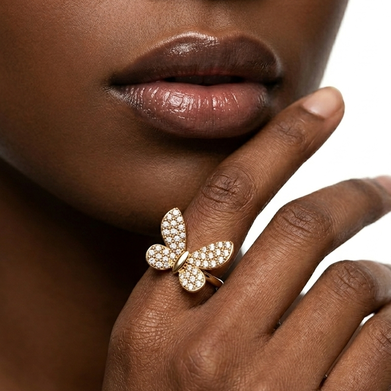 Round Lab Diamond Pave Butterfly Cocktail Ring