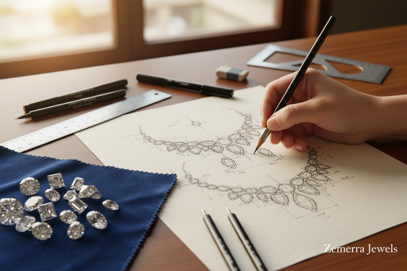 Jewelry designer sketching a custom diamond jewelry design at Zemerra International