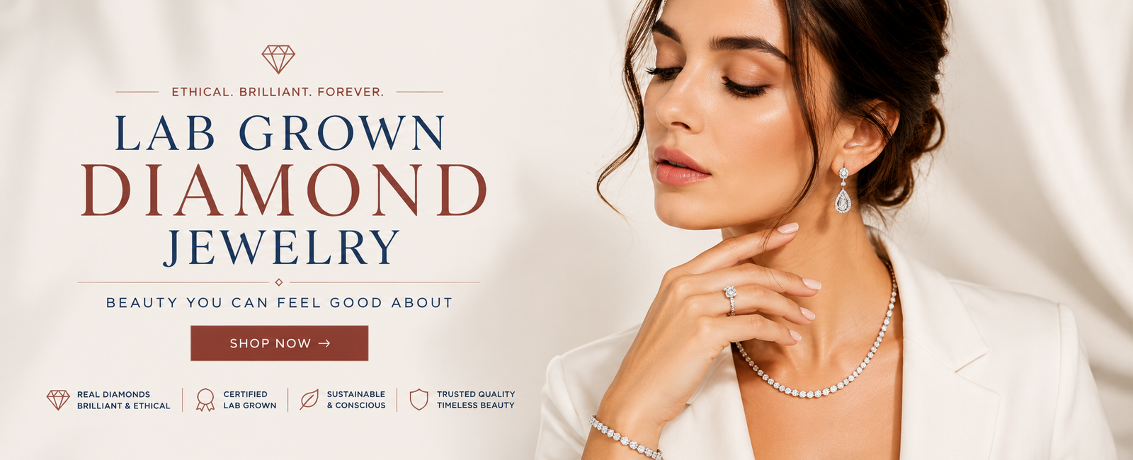 Woman wearing lab-grown diamond jewelry with promotional text on a light background