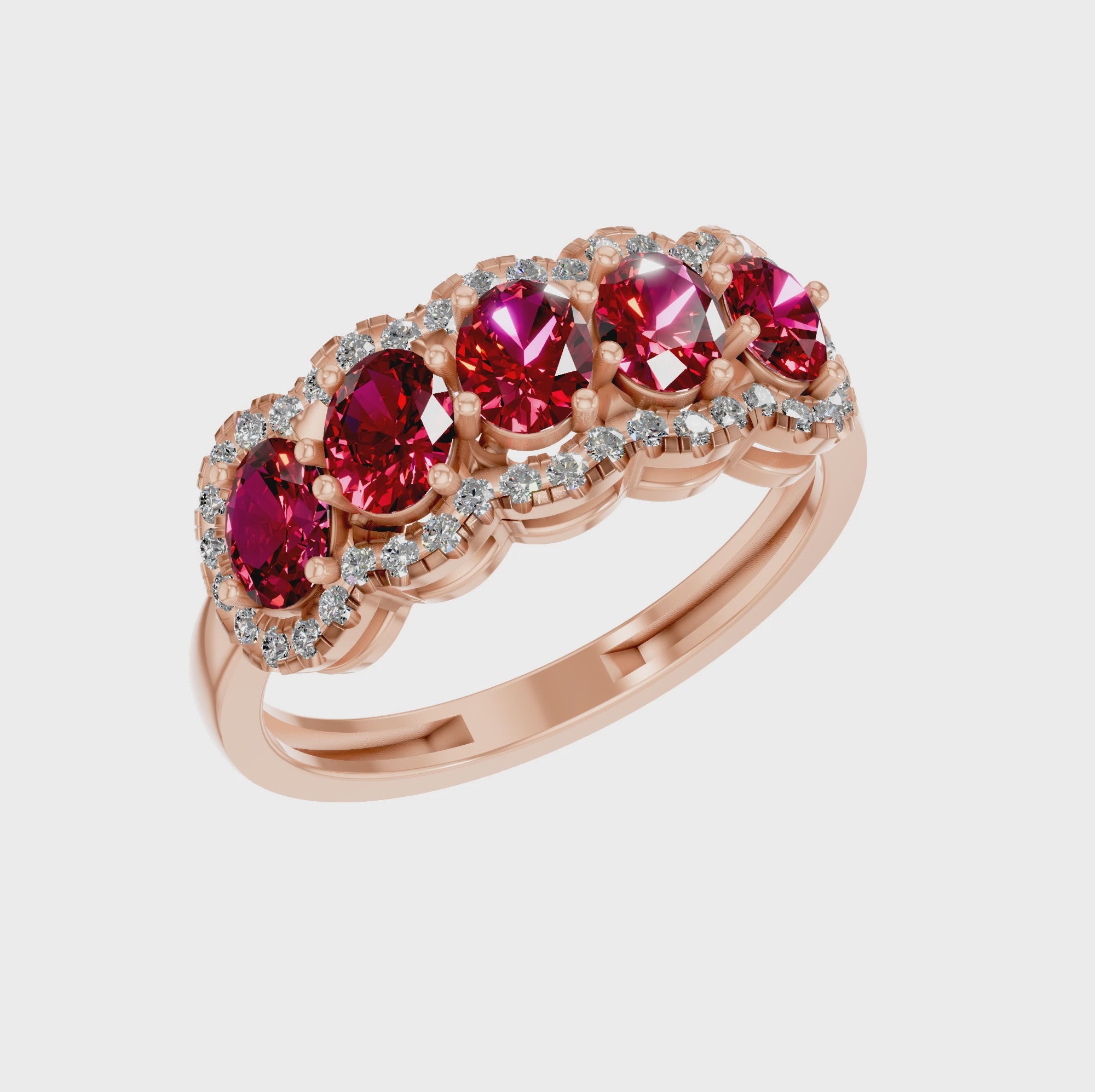Five Stone Oval Cut Ruby Halo Fashion Ring