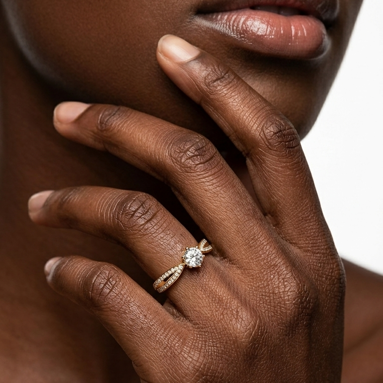 Round-shaped lab diamond pavé solitaire accent engagement ring.